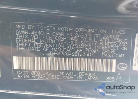 2006 Lexus Es 330 z USA, uszkodzony, nr VIN JTHBA30G465163507